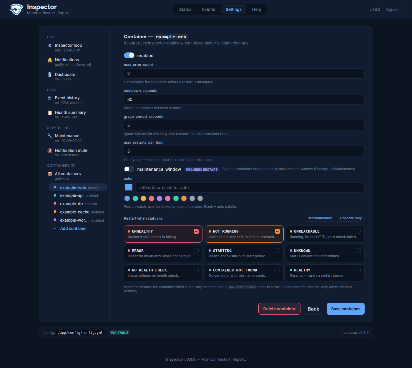 Container settings